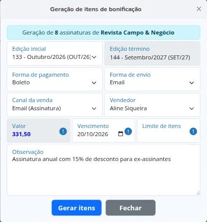 Geração dos itens da bonificação