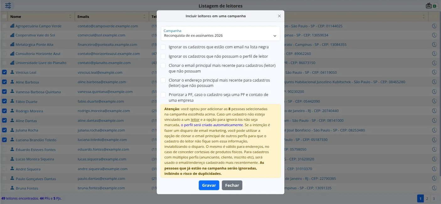 Incluir leitores em uma campanha