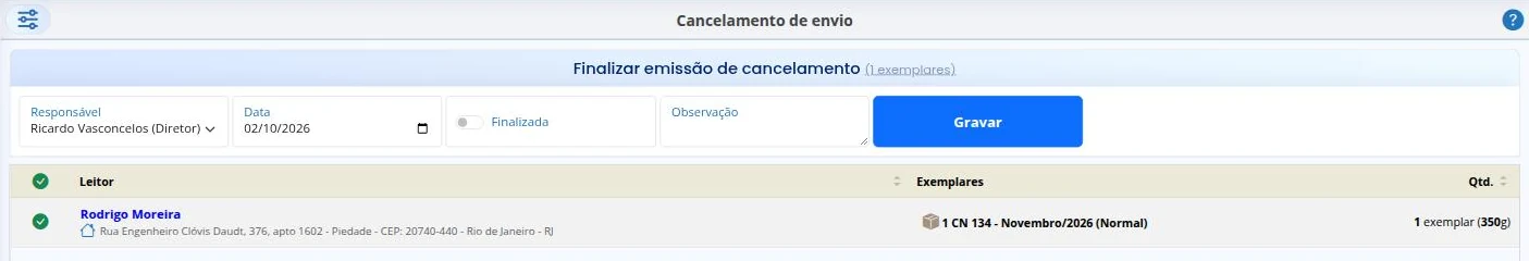 Finalizar o cancelamento de envio