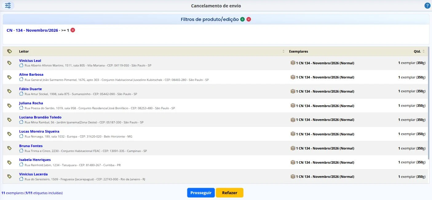 Escolher as etiquetas do cancelamento