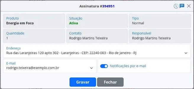 Assinatura: endereço e e-mail de entrega
