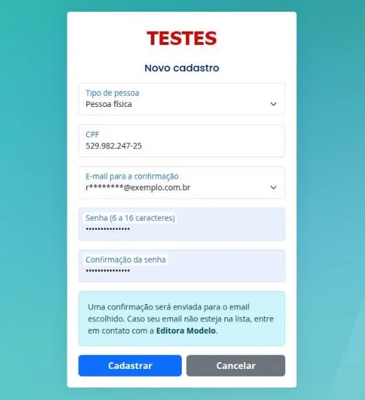 Cadastro: e-mail e senha