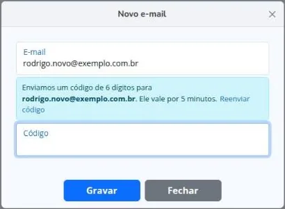 Código de confirmação do e-mail novo