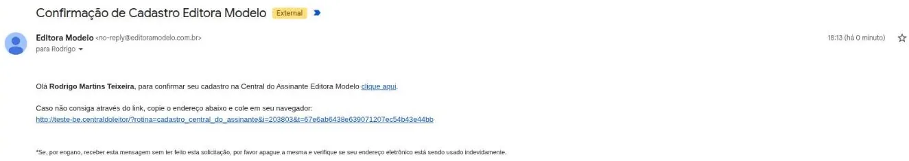 E-mail de confirmação do cadastro