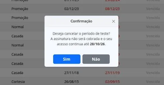 Confirmação do cancelamento do período de teste