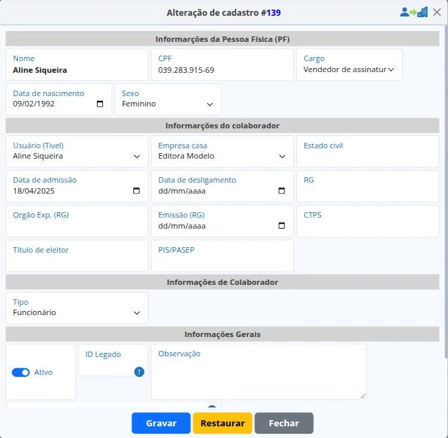 Alteração do cadastro do colaborador