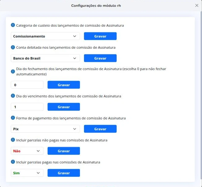 Configurações do fechamento