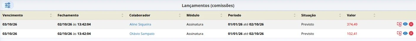 Lançamentos de comissão