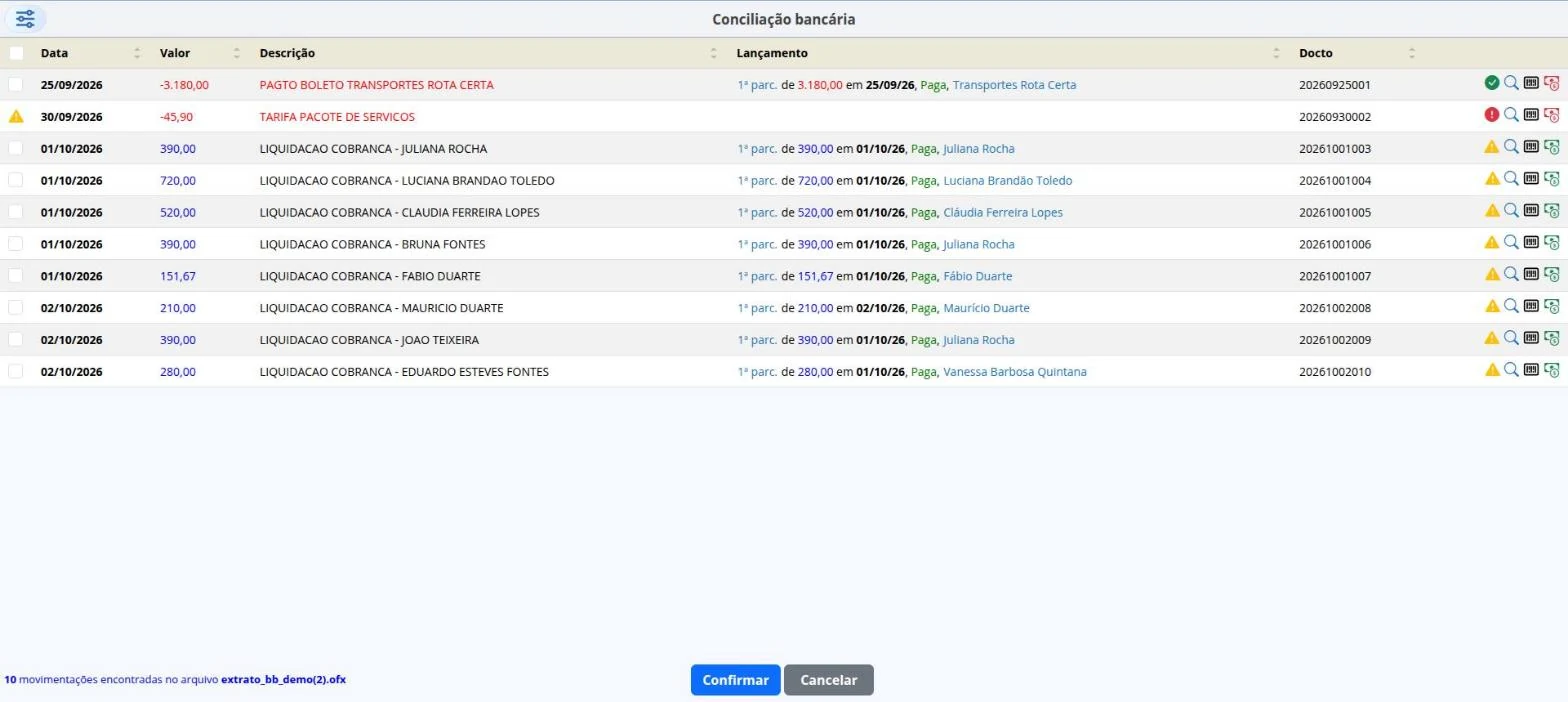 Movimentações do extrato com as parcelas sugeridas