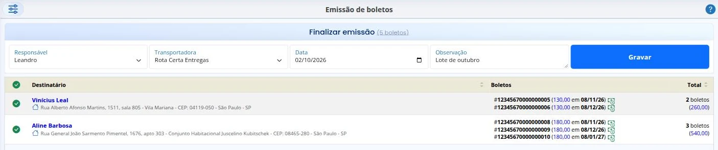 Finalizar a emissão de boletos
