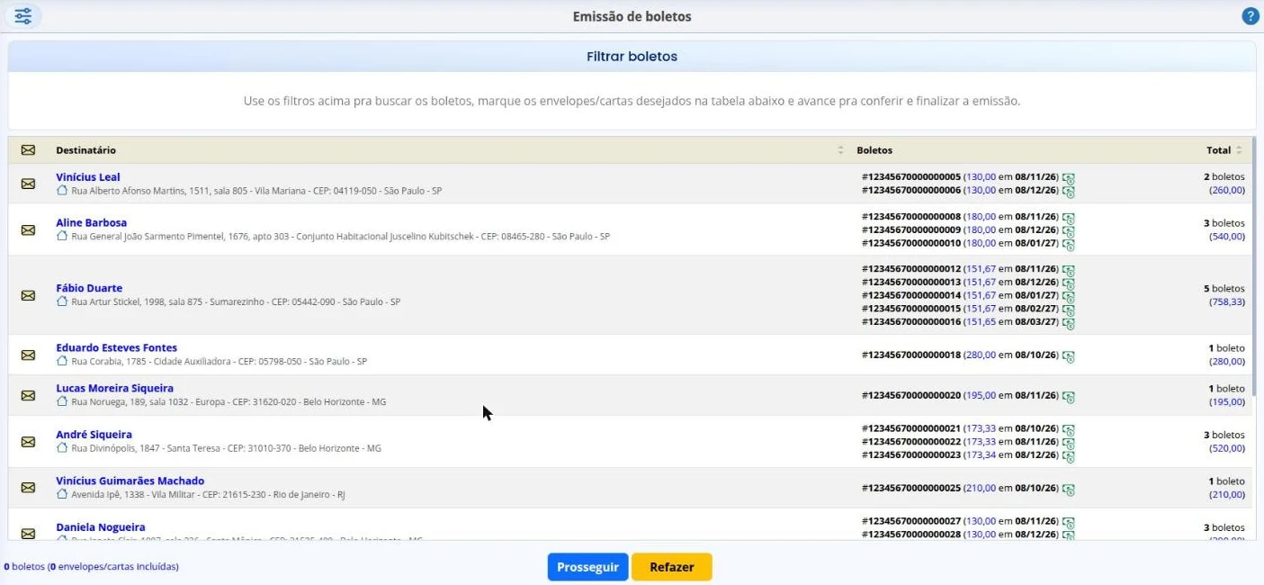 Boletos a enviar, agrupados por envelope