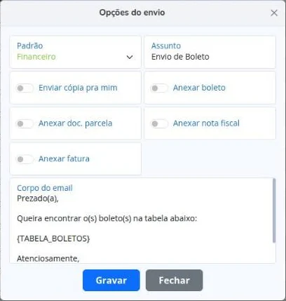 Opções do envio em lote
