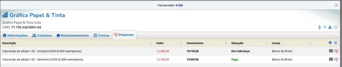 Despesas do fornecedor