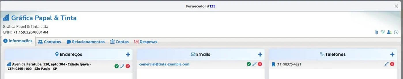 Cadastro do fornecedor