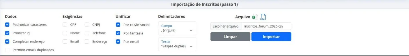 Importação de inscritos, passo 1