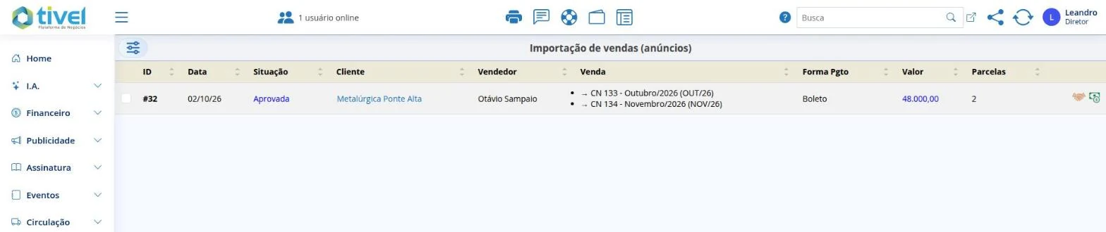 Vendas de anúncios a importar