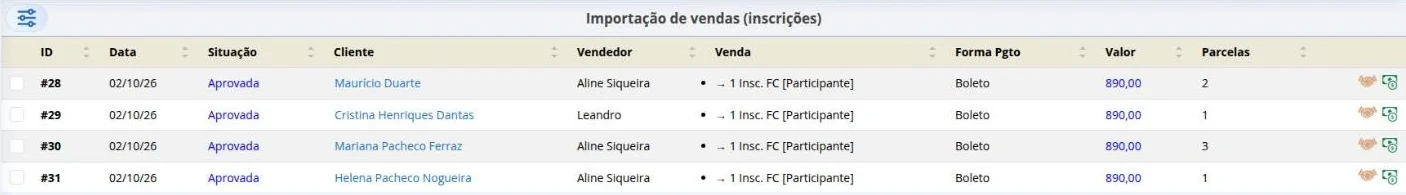 Vendas de inscrições a importar