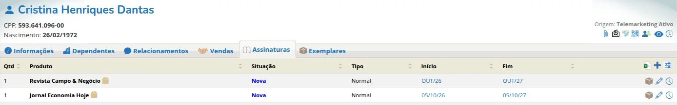Assinaturas geradas por um pacote