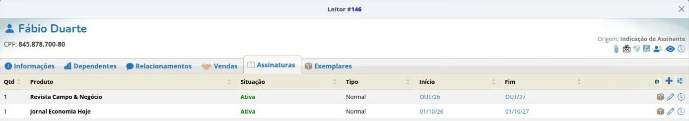 Aba Assinaturas do leitor