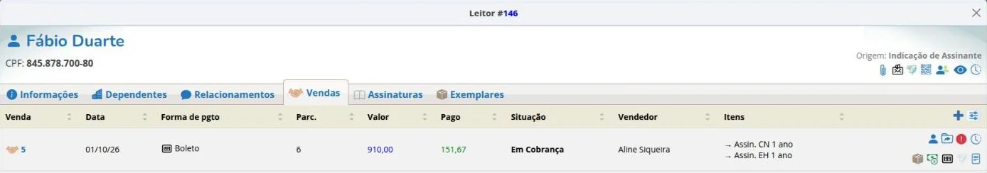 Aba Vendas do cadastro do leitor