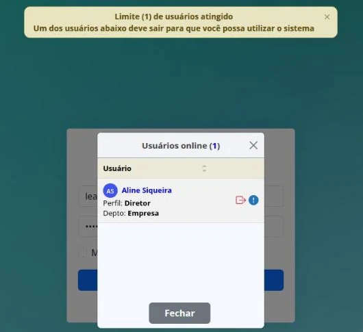 Mensagem de limite de usuários simultâneos com a lista de usuários online