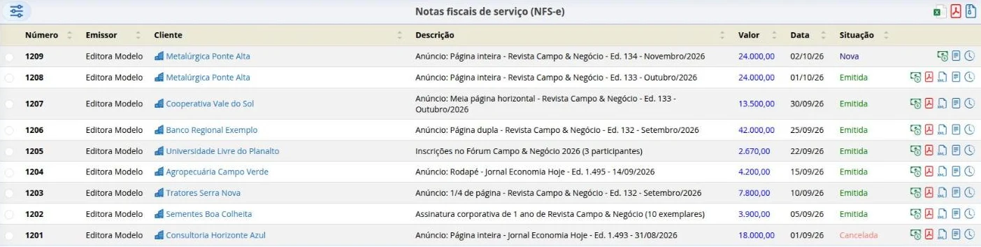 Lista de notas fiscais de serviço com os ícones de ação