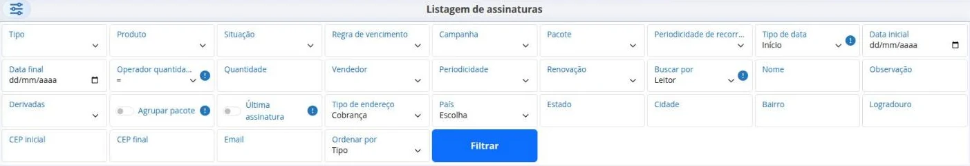 Filtros da listagem de assinaturas