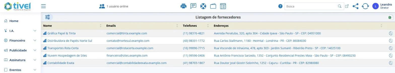 Listagem de fornecedores