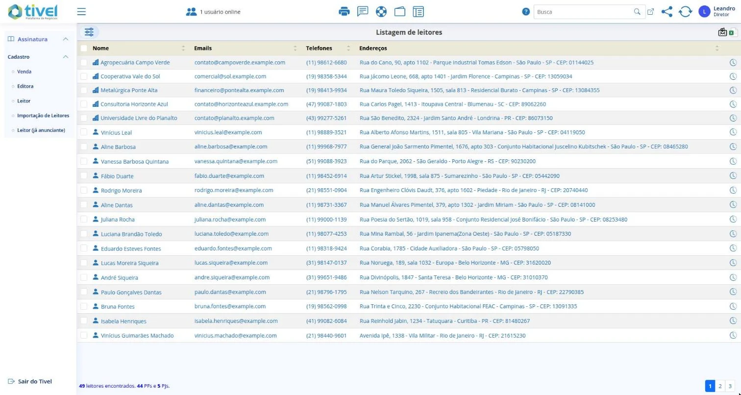 Tela do Tivel com o menu de Assinatura aberto e a listagem de leitores