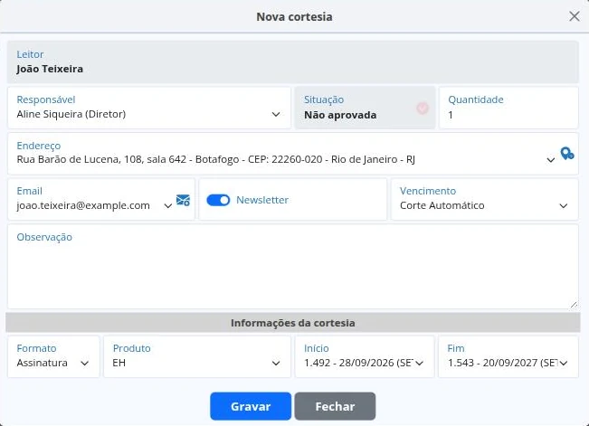 Formulário de nova cortesia de assinatura