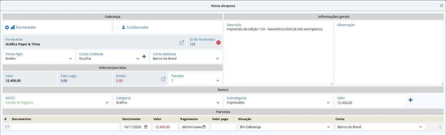 Nova despesa preenchida