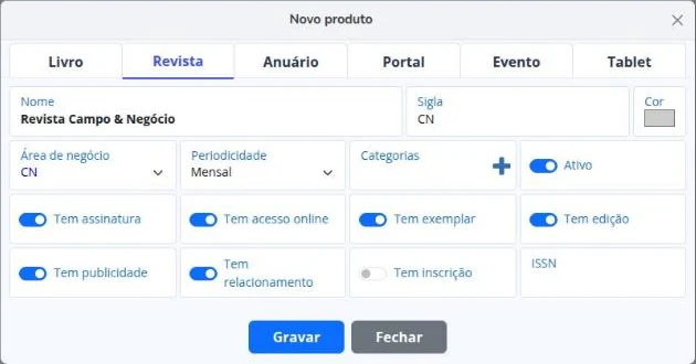 Cadastro de produto do tipo Revista
