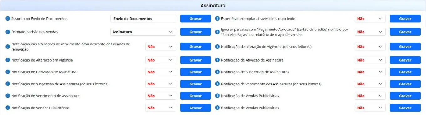 Preferências do módulo Assinatura