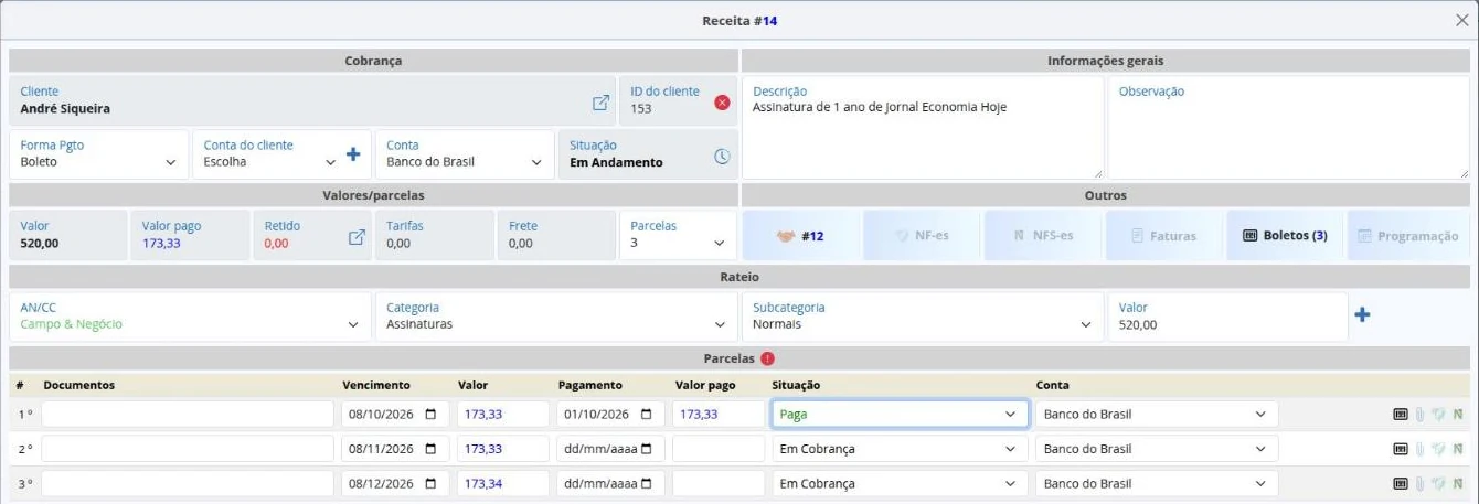 Receita com a primeira parcela marcada como paga