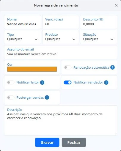 Cadastro de regra de vencimento