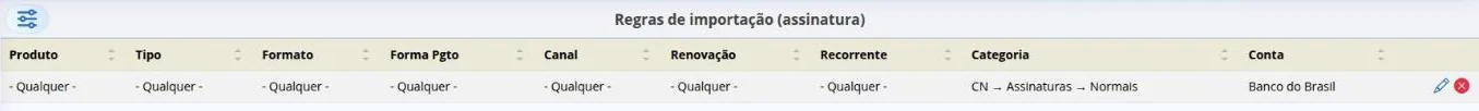 Regra de importação de vendas de assinatura